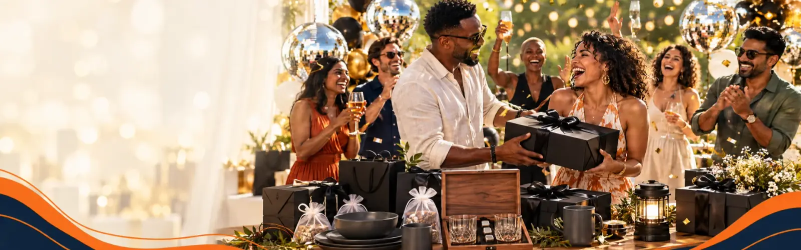 Team lead handing out black gift boxes and gift bags at a year-end party with disco balloons and confetti