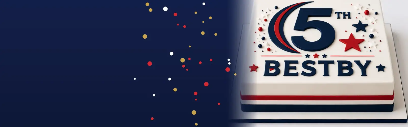 Navy and white Bestby 5th anniversary cake with red stars